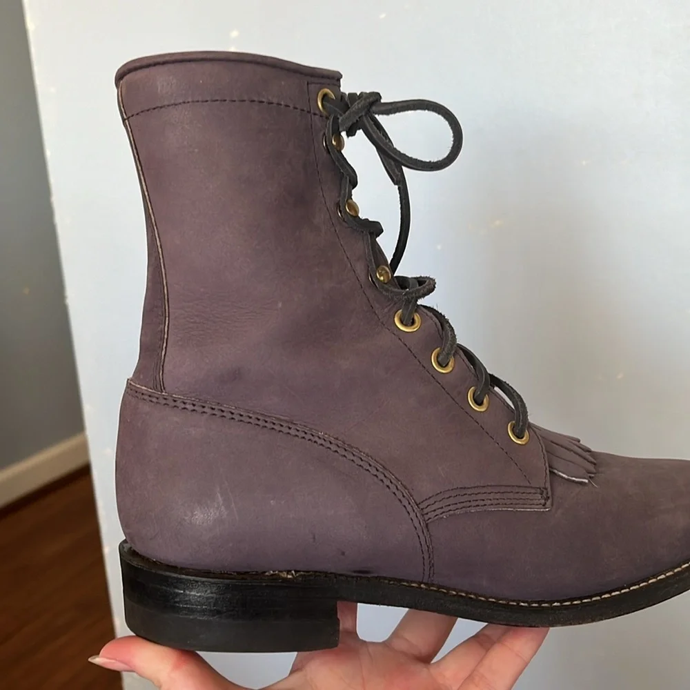 Justin Boots Purple Soft Suede Leather Lace Up Combat Moto Boots With Box - Picture 9 of 15